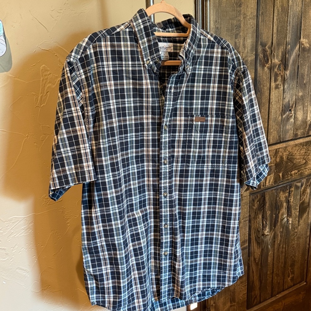 Carhartt Short-Sleeve Navy and White Plaid Button-Down Shirt
